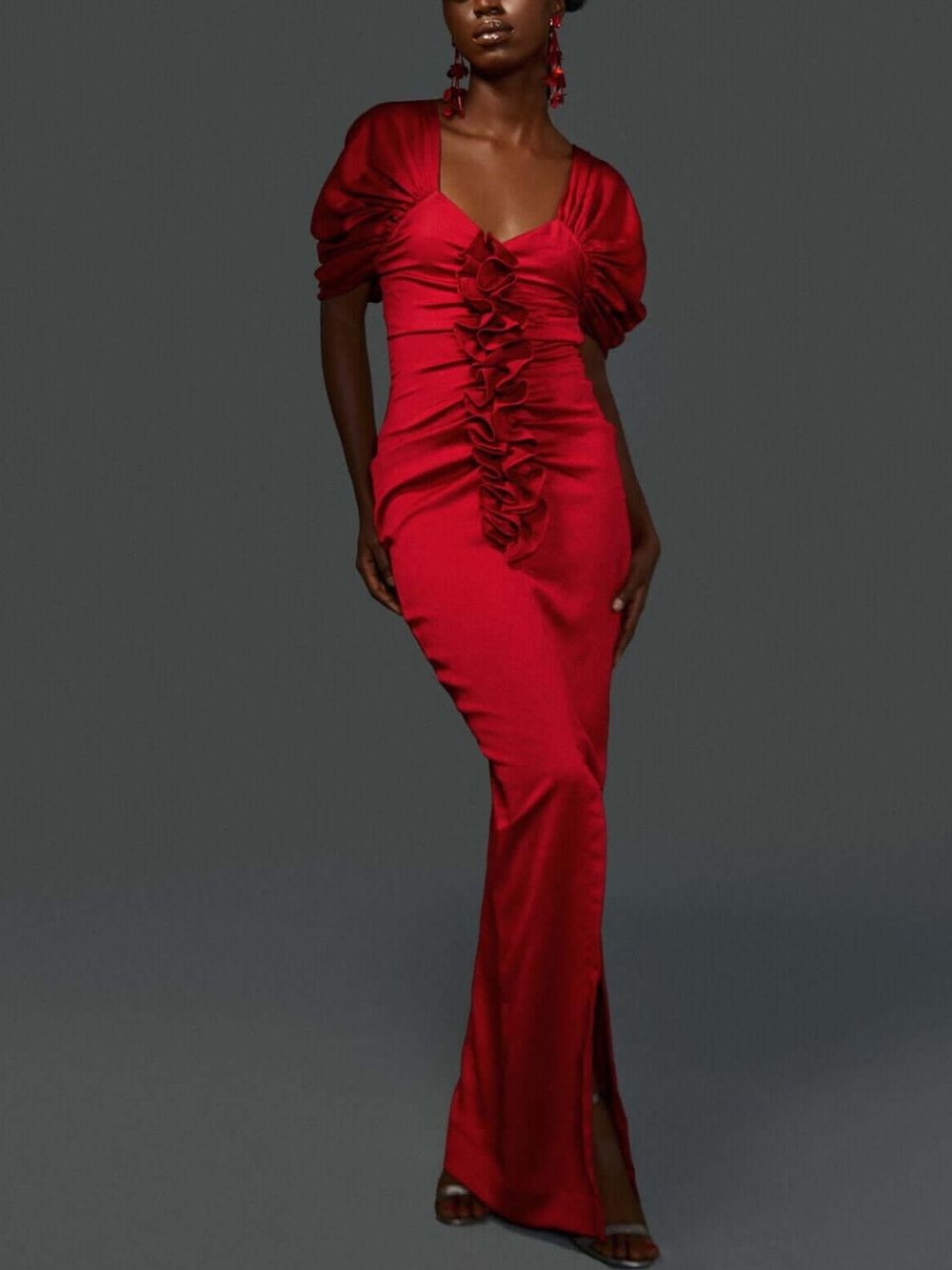 ORIRE Suss Ruched Sleeve Ruffle red Satin gown maxi Dress size 6